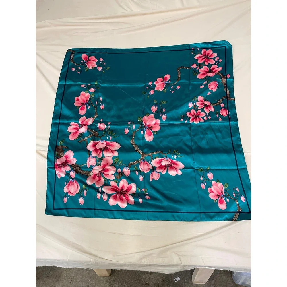 Teal Pink Cherry Blossom Floral Satin Accesory